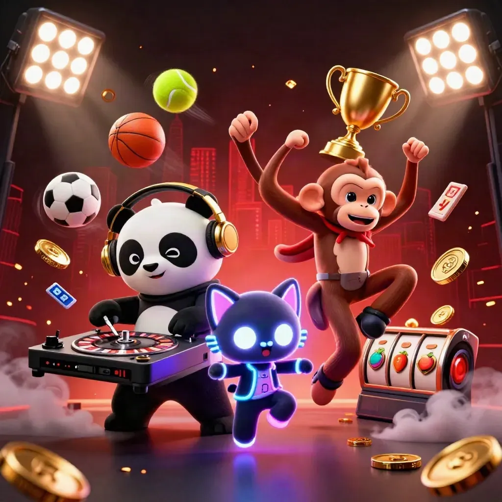 Panda DJ, monyet breakdance, dan kucing rave dengan bola, koin, trofi, dan neon kasino.