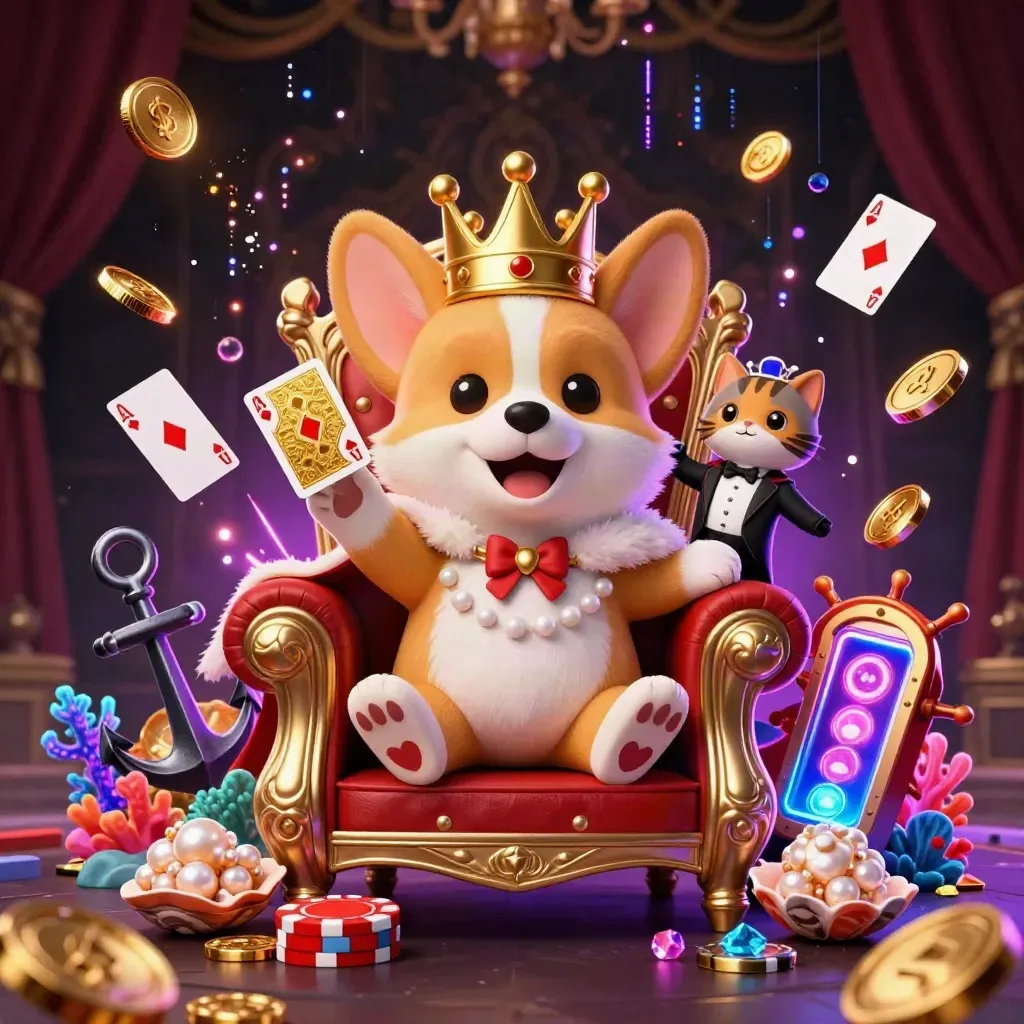 Korgi mahkota dan pelayan kucing di lautan harta, emas dan ungu neon meledak.