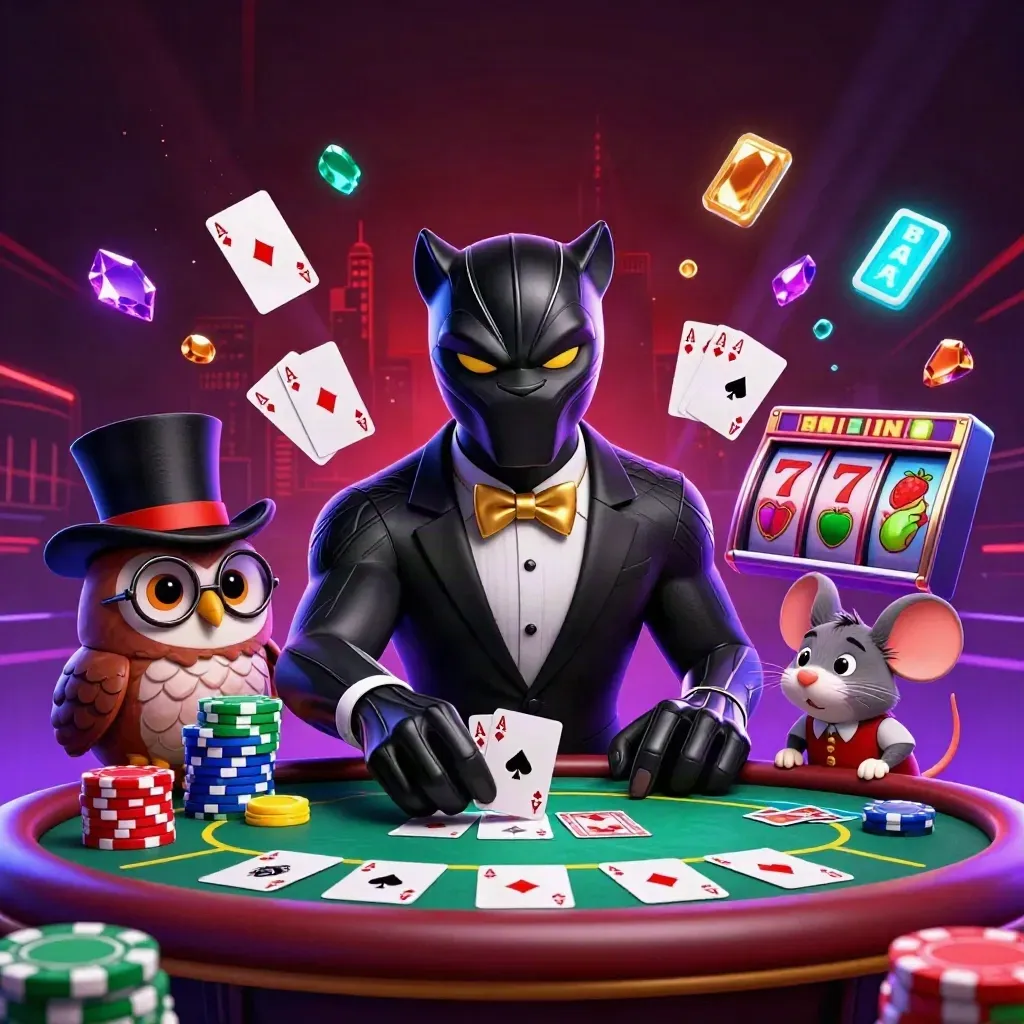 Panter hitam, burung hantu, dan tikus judi di meja poker dengan chip neon