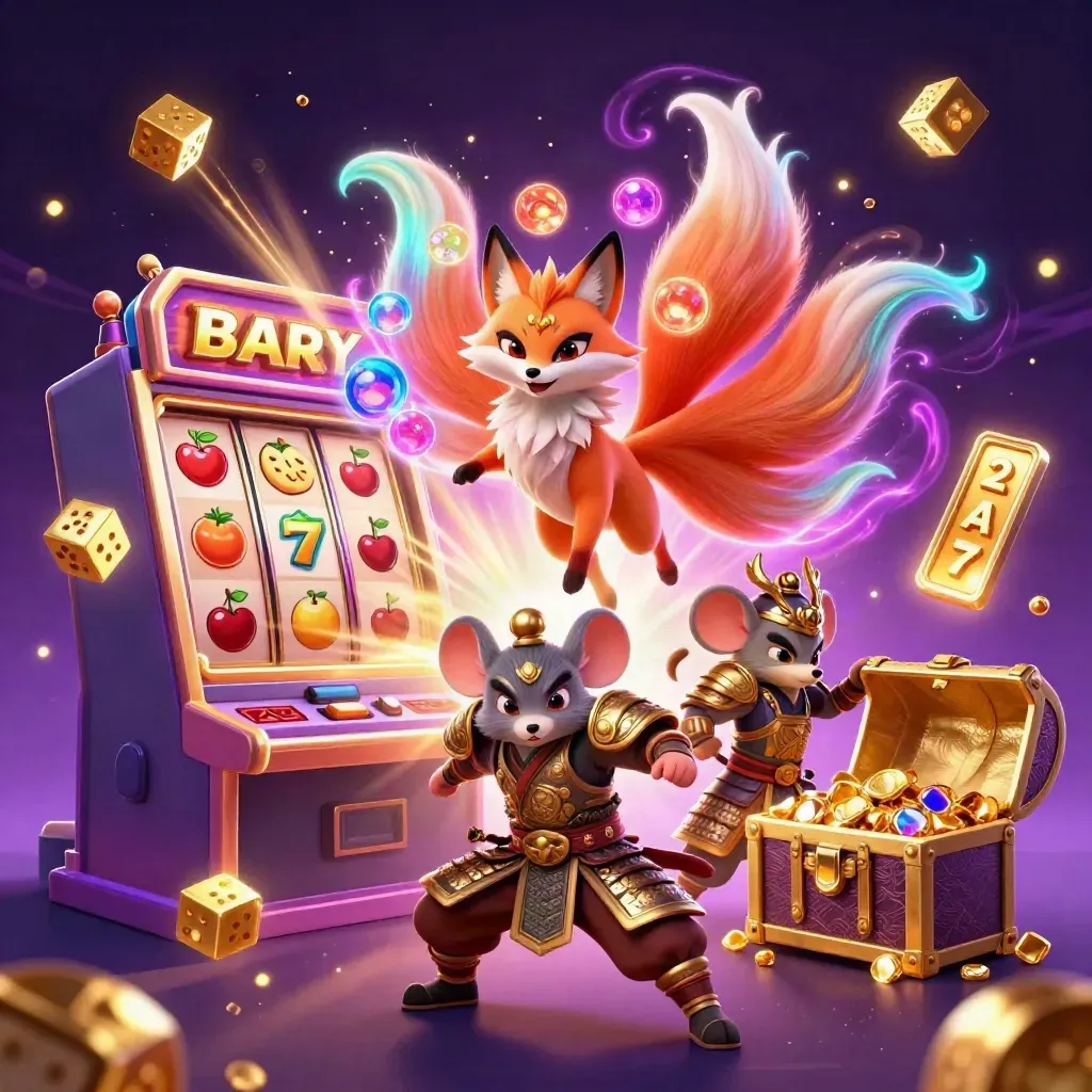 Rubah roh sembilan ekor dan tikus samurai emas dikelilingi slot jackpot, koin, dan cahaya neon.
