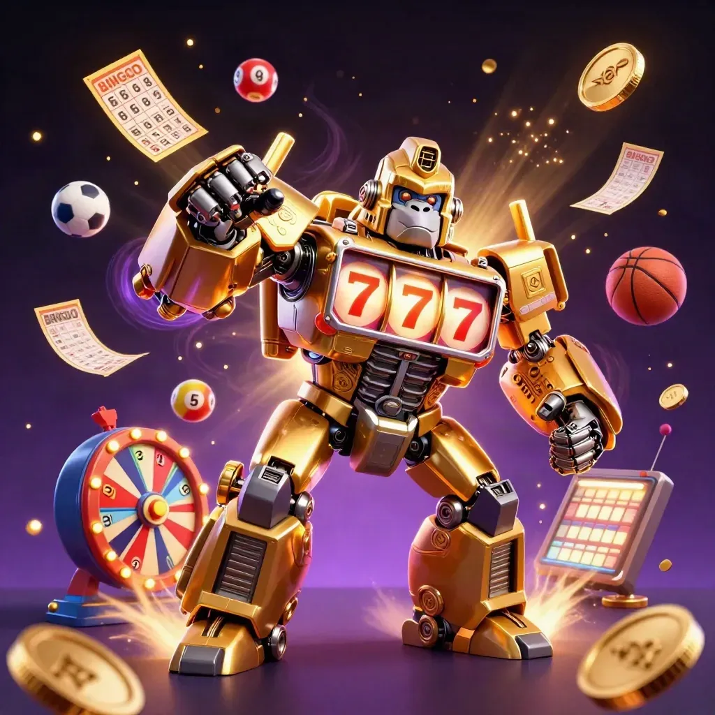 Gorila mech emas dan monyet pilot dikelilingi bola lotere, roda hadiah, koin, dan kembang api ungu emas.
