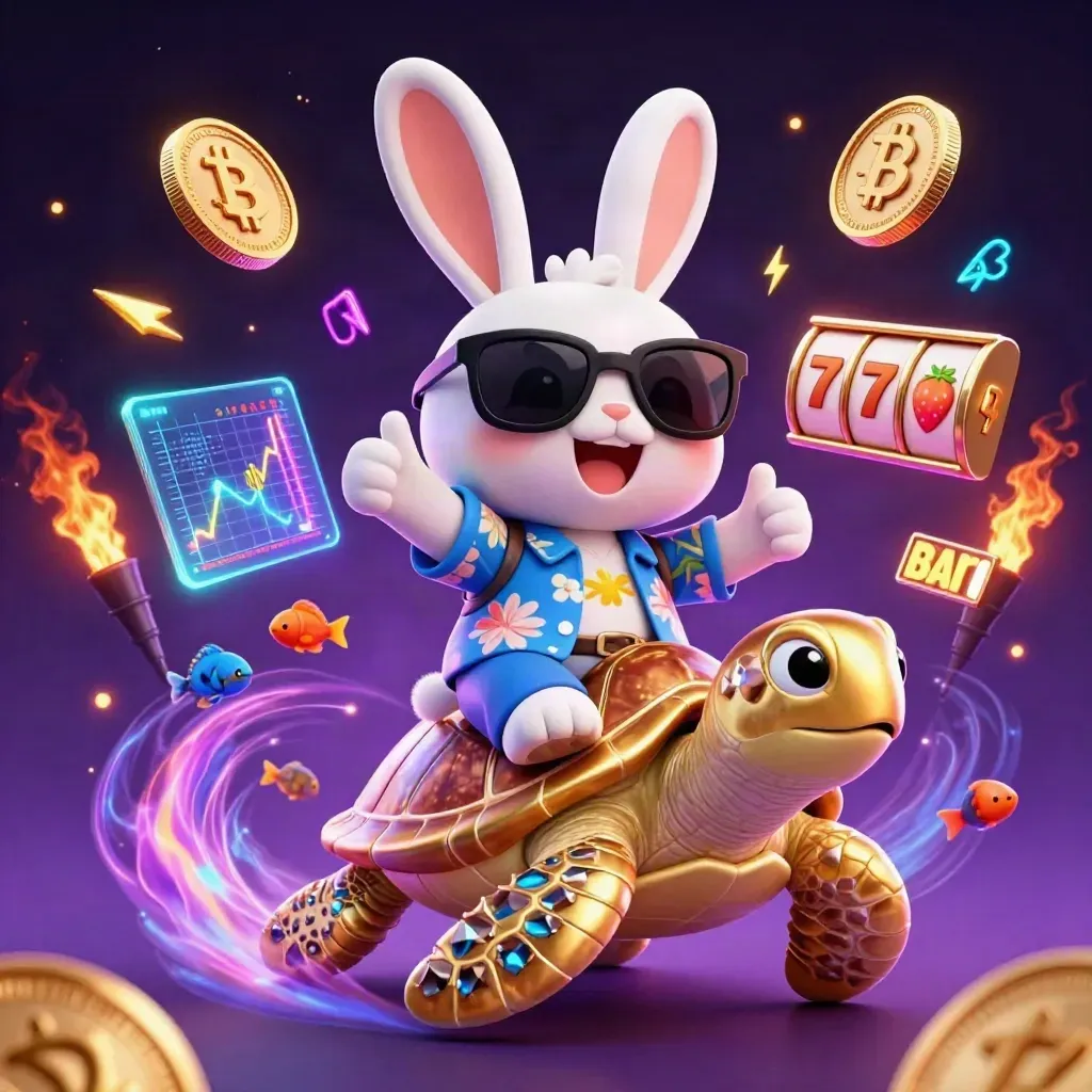 Kelinci 3D lucu naik kura-kura emas, koin crypto dan kilat neon di latar ungu gelap.