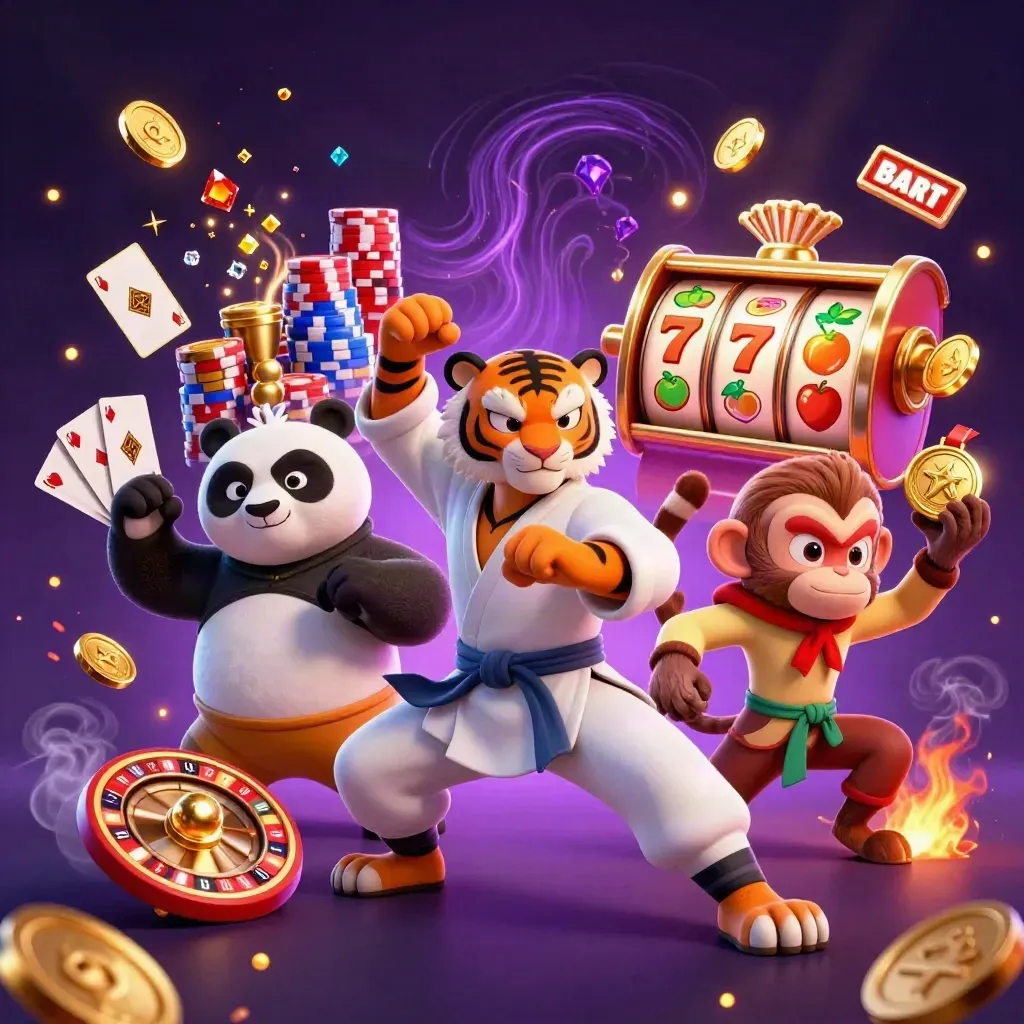 Tiga hewan kung-fu kartun dikelilingi koin, chip, roda roulette, dan cahaya kasino ungu-emas.