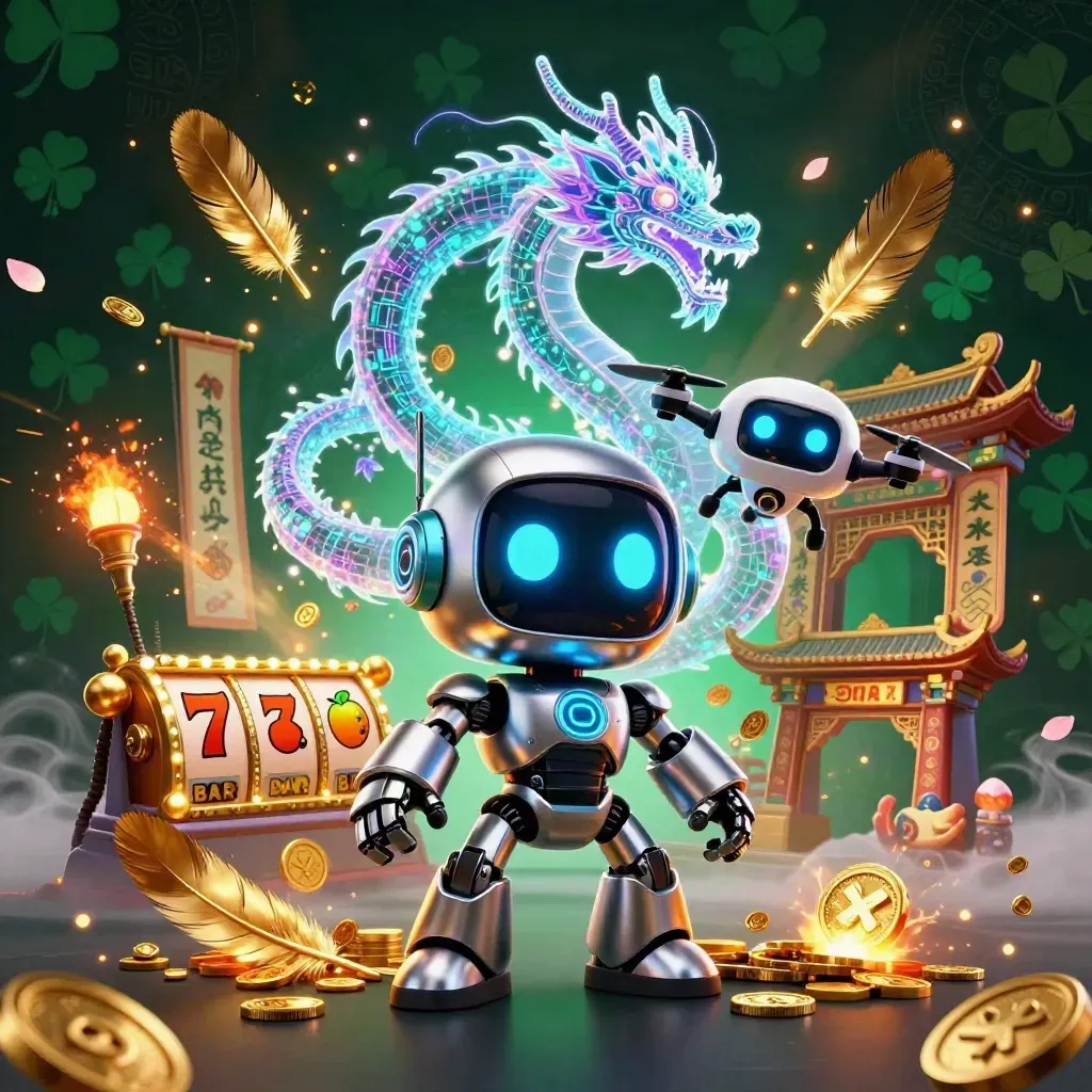 Robot cyberpunk, naga holografik, dan drone koin di depan gerbang kuil emas.