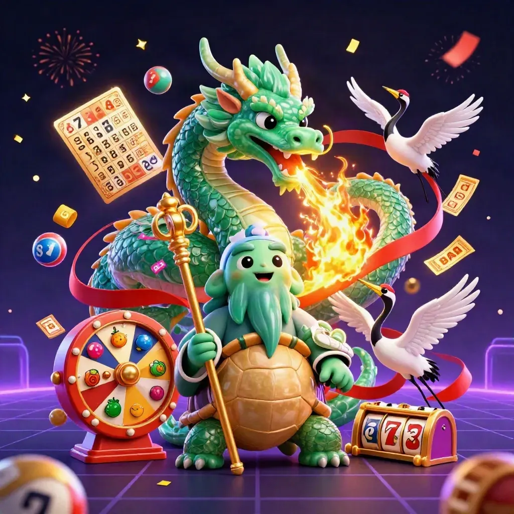 Naga giok, kura bijak, dan burung bangau dikelilingi simbol jackpot dan efek neon.