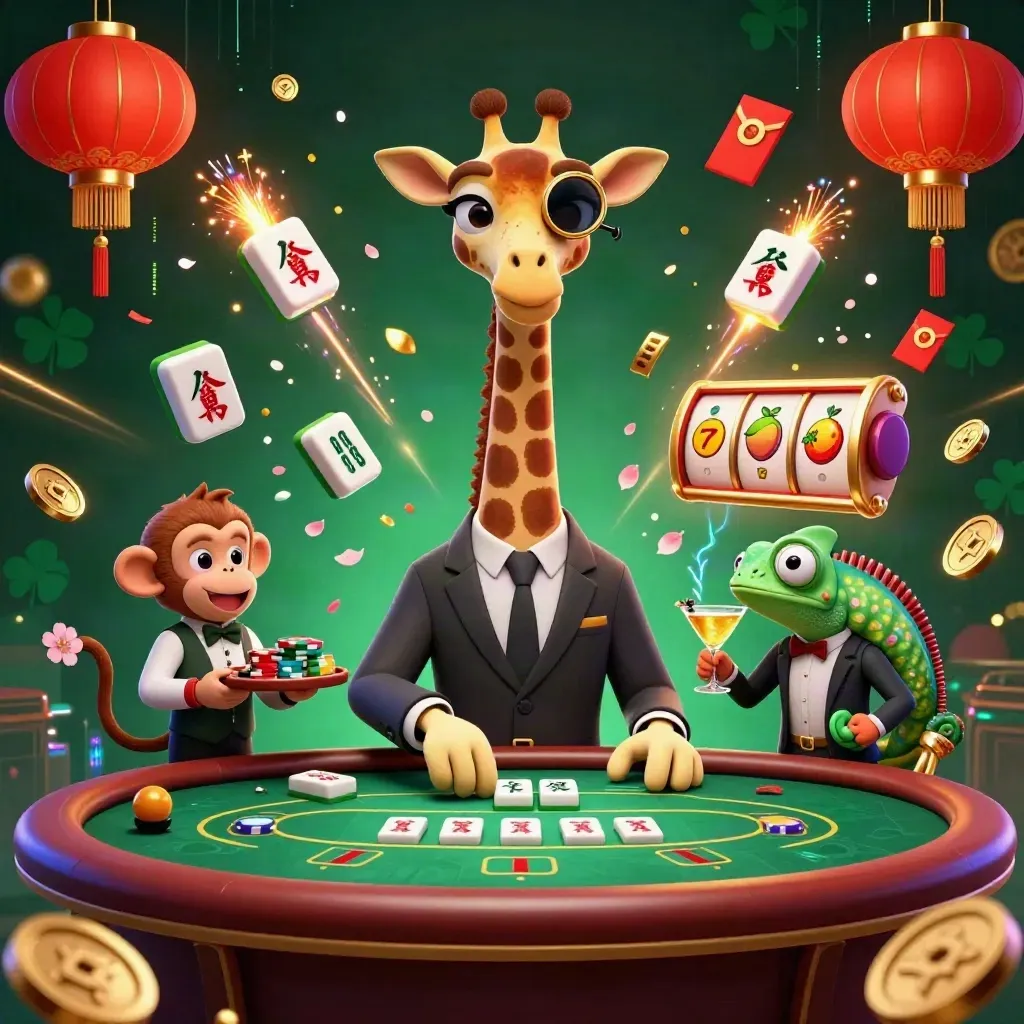 Jerapah high-roller, monyet valet, dan bartender bunglon di meja poker dengan emas dan neon.