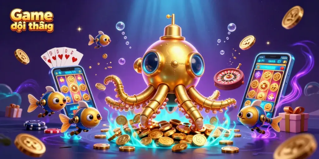 Engage in Game đổi thưởng with colorful slots, golden coins, and vibrant casino elements.
