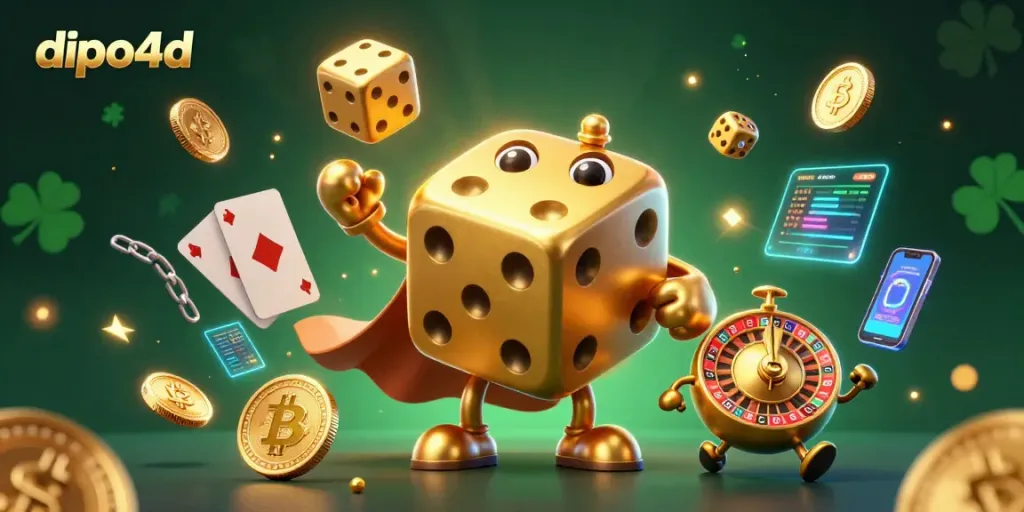 Engage with dipo4d's thrilling casino gameplay featuring 3D golden dice and vibrant crypto elements.