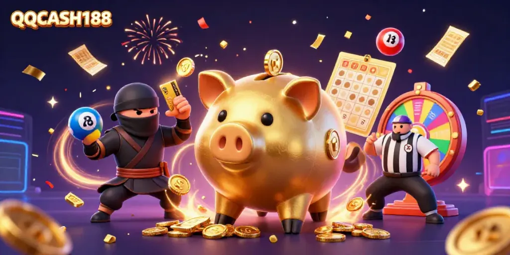 Experience QQCASH188's vibrant gaming scene with thrilling characters and casino elements.