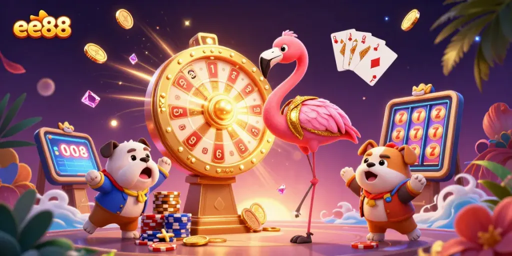 Engage in thrilling gameplay as ee88 spins the prize wheel amidst a dynamic casino atmosphere.