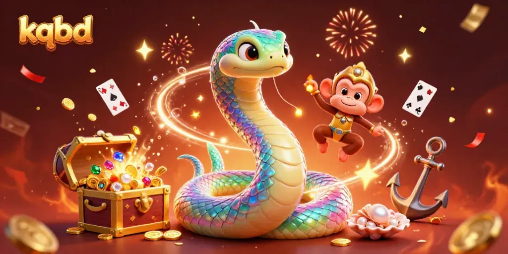 KQBD presents a colorful and vibrant 3D illustration showcasing the excitement of online gambling with a rainbow serpent and a monkey king amidst treasures.
