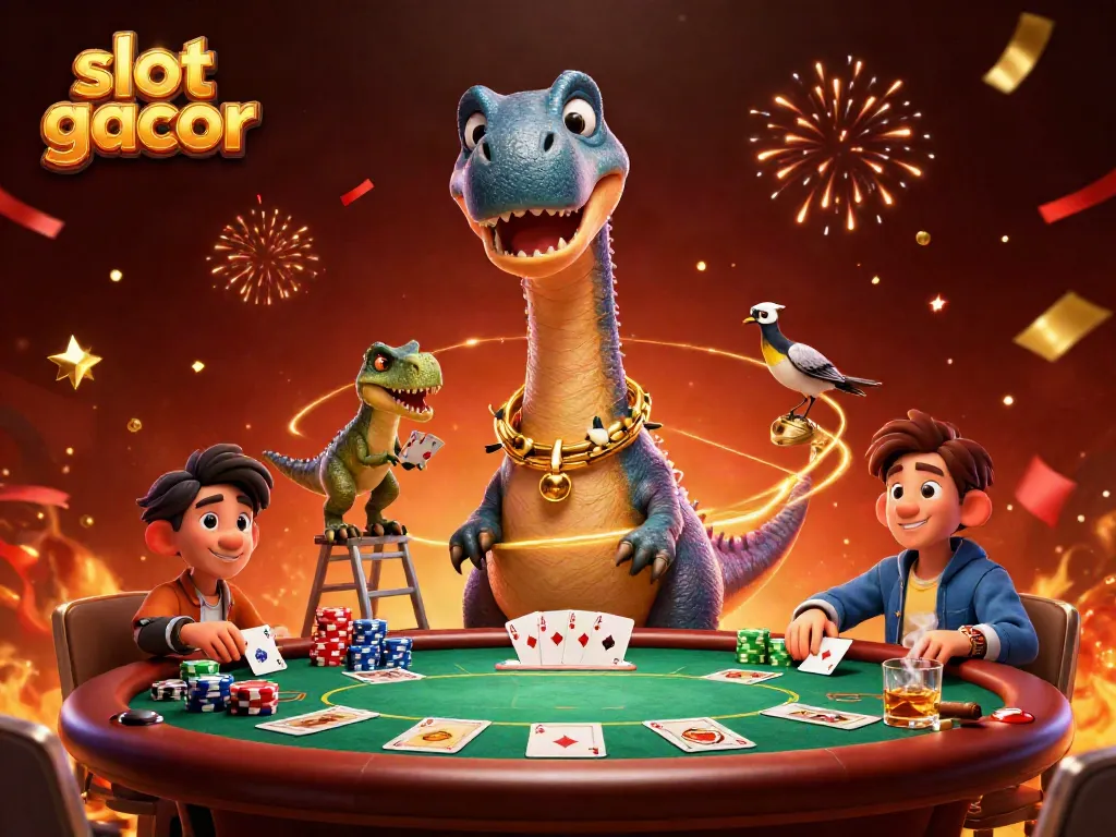 Slot gacor menampilkan ilustrasi kasino dengan dinosaurus 3D dan suasana judi yang meriah.
