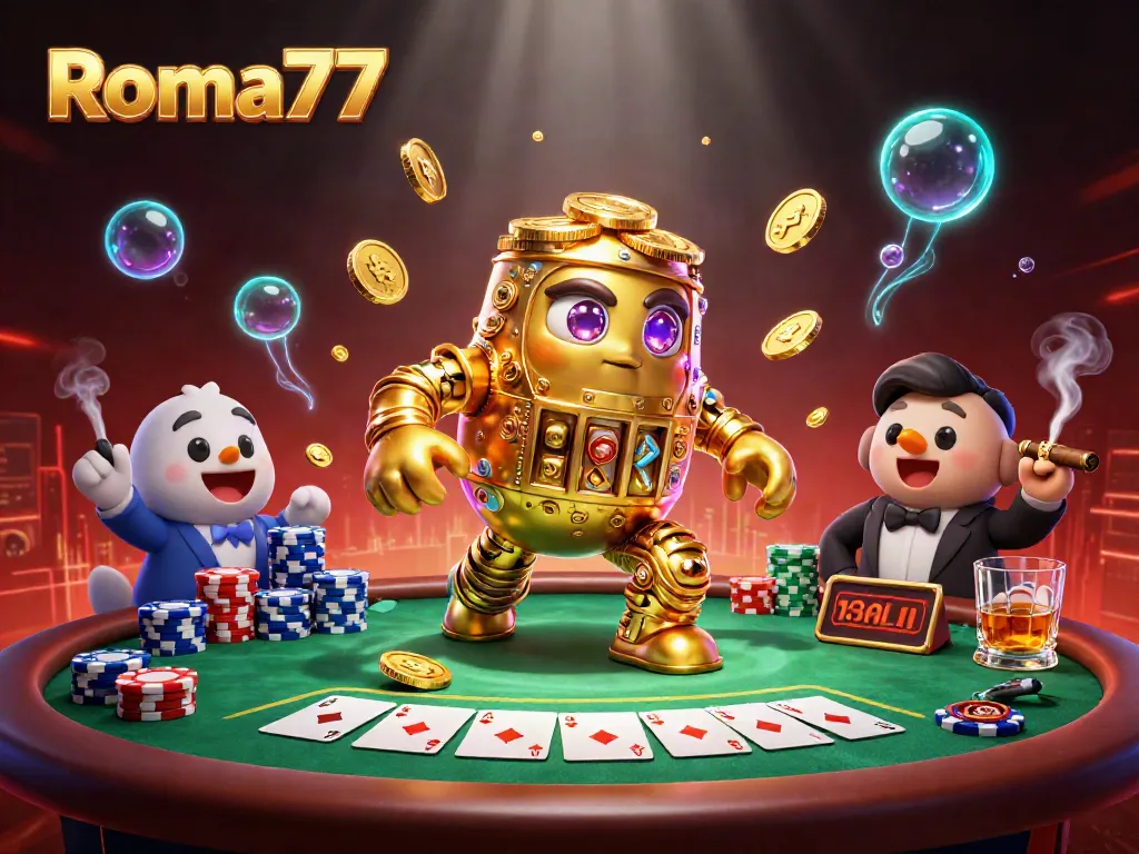 Experience the excitement of Roma77 with a vibrant depiction of a golden golem amidst rich casino elements.