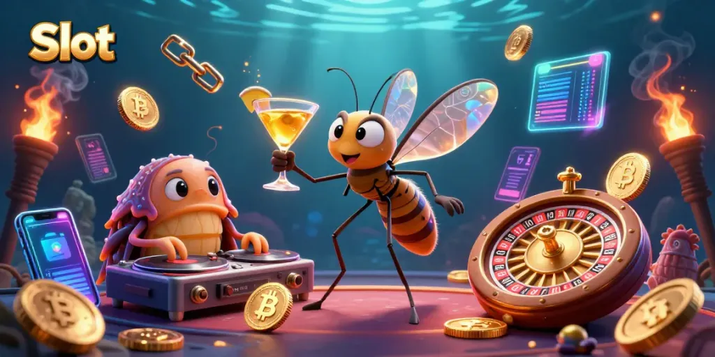 Engage in exciting Slot gameplay with vibrant 3D characters and neon crypto elements.
