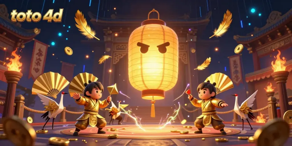 Engage in the excitement of Toto 4D with a vibrant 3D illustration featuring golden lanterns, warriors, and dynamic casino elements.