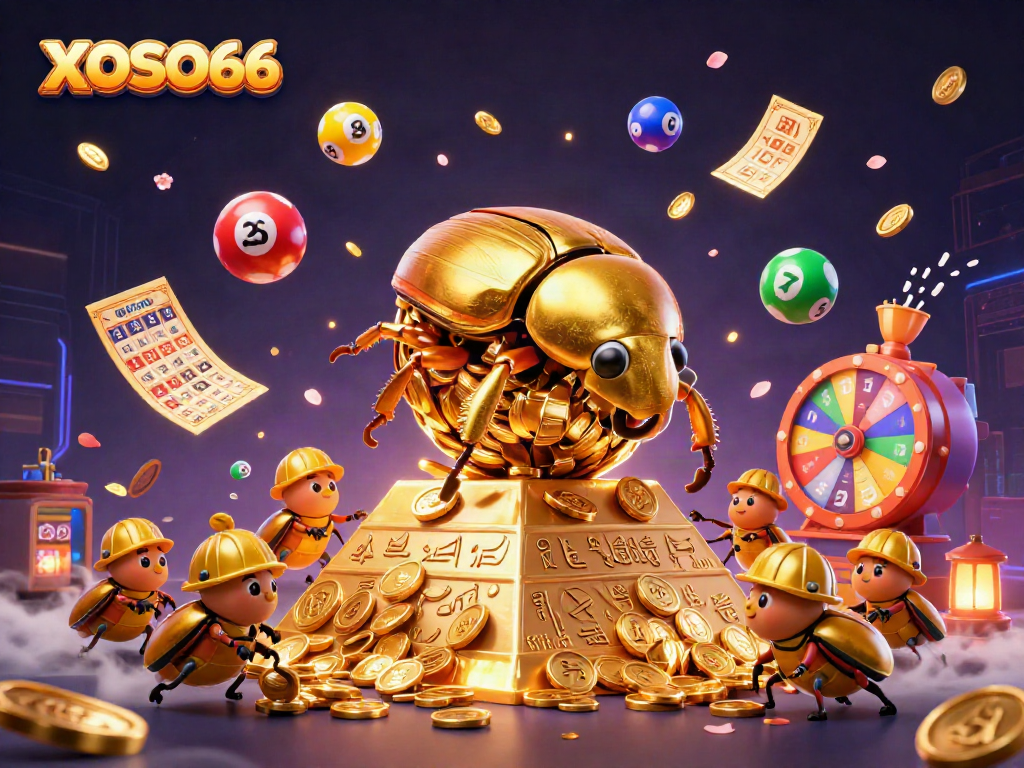 XOSO66 showcases a golden dung beetle amid a bustling casino scene filled with lottery and game elements.