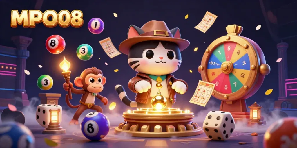 MPO08 showcases a thrilling 3D exploration of vibrant lottery elements and a cat archaeologist amidst rolling dice.