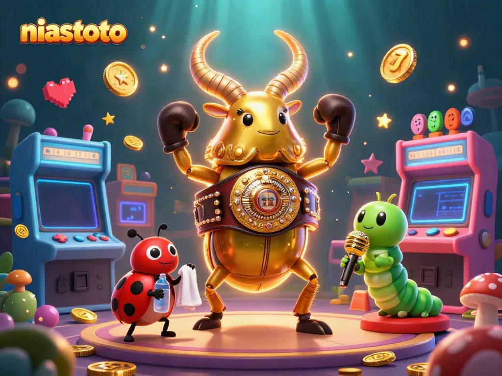 Experience thrilling gameplay with niastoto featuring a golden stag beetle as a boxing champion, showcasing vibrant casino game elements.