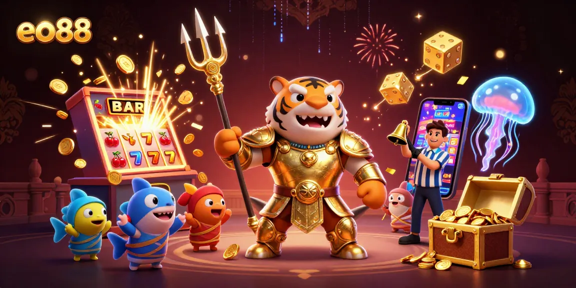 eo88 Casino gaming illustration featuring a tiger shark, slot machines, and vibrant elements