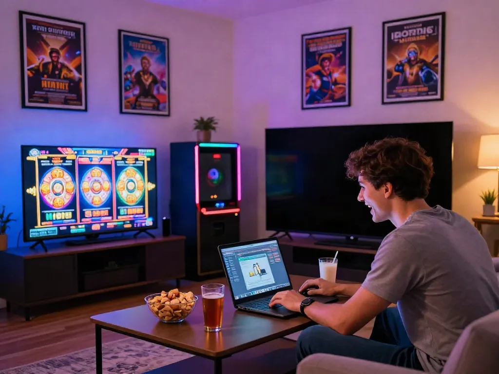 Excited gamer enjoying slot games on a modern laptop while surrounded by snacks and colorful lighting.