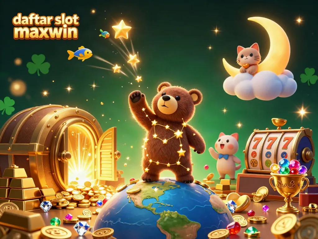 Experience the excitement of daftar slot maxwin with a dynamic 3D scene featuring a golden constellation bear and slot elements.