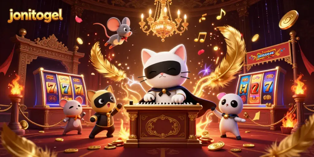 Experience the thrill of jonitogel with an exciting 3D casino illustration featuring dynamic characters and vibrant game elements.