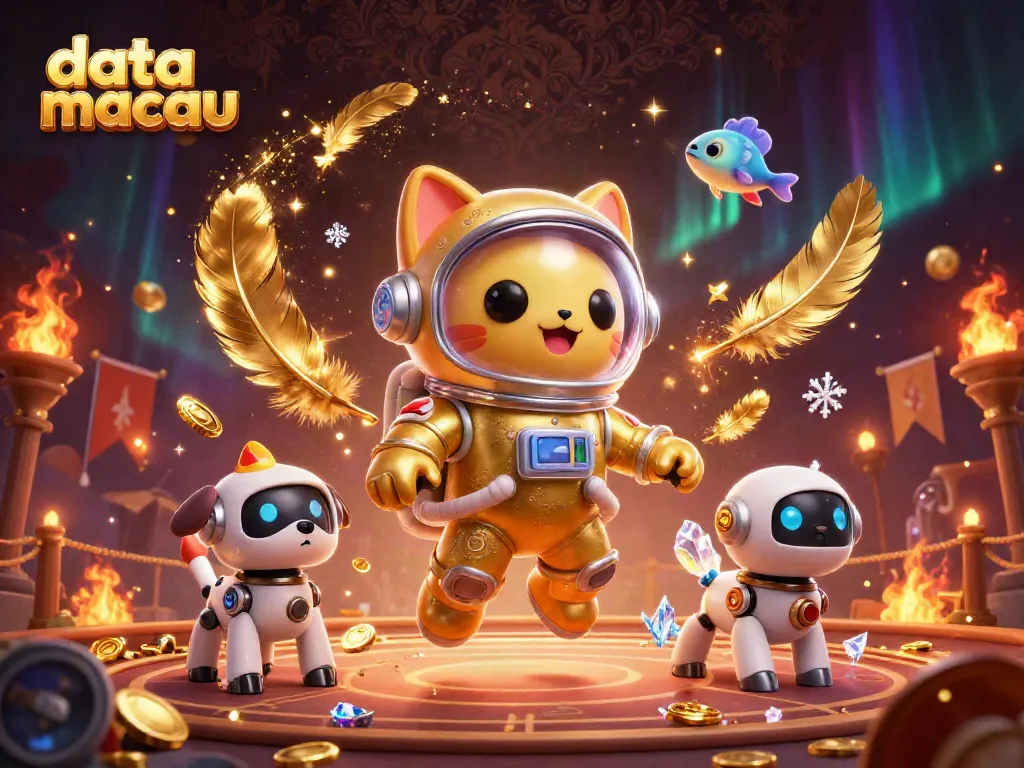 Engaging scene showcasing data macau with an astronaut cat and robot dog, immersed in a vibrant gambling arena.
