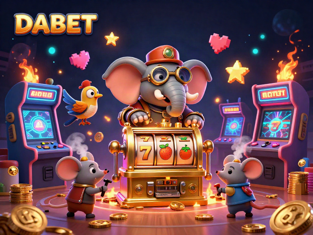 DABET engages in thrilling slot machine gameplay with vibrant 3D casino elements and eye-catching characters.