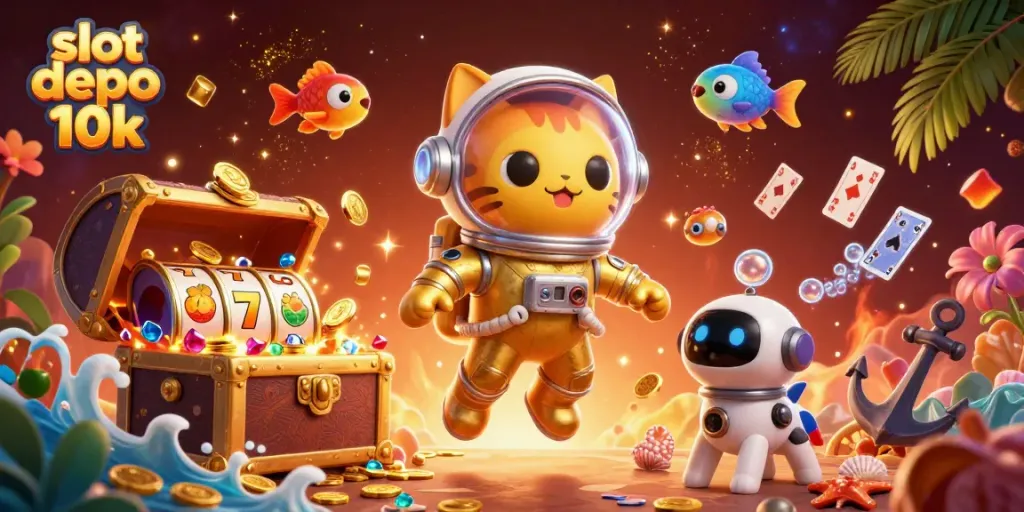 Spin and win with slot depo 10k in an engaging 3D casino scene featuring cosmic characters.