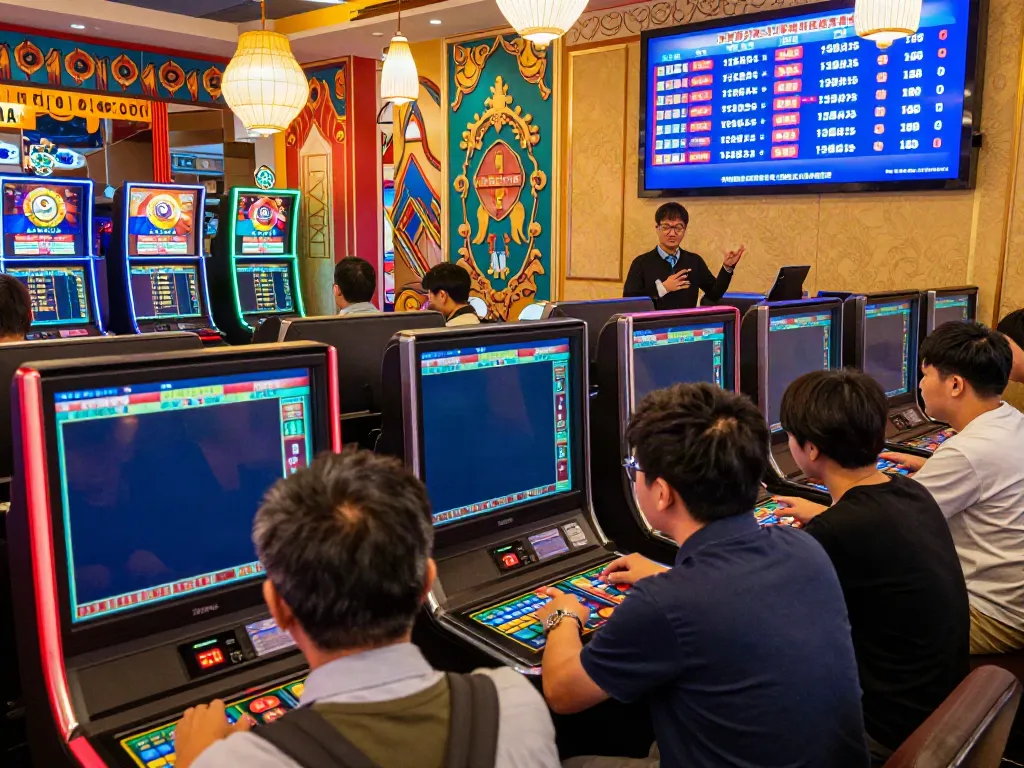 A bustling Togel gaming center scene showcasing players engaged with live results, highlighting rajabandot excitement.