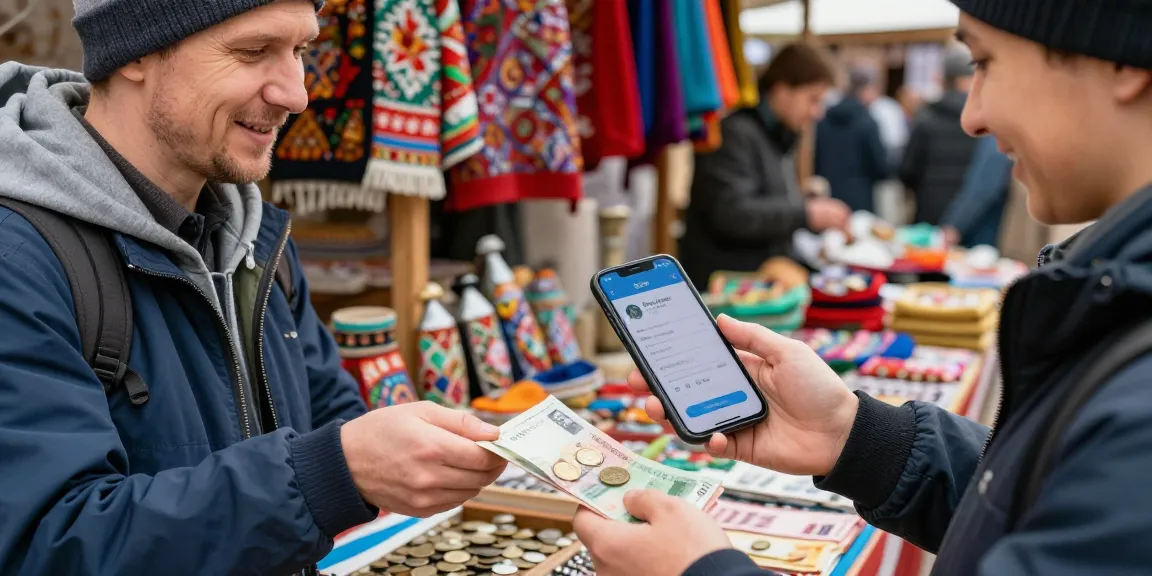 Pembayaran digital dengan aplikasi https://payinrussia.com/ di pasar tradisional Rusia, menunjukkan kenyamanan transaksi untuk wisatawan.