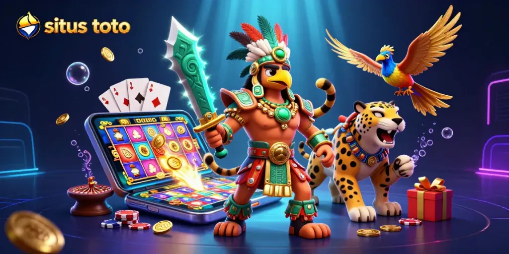 Permainan slot daring "situs toto" dengan ilustrasi pejuang Aztec berhiaskan bulu, melambungkan koin emas.