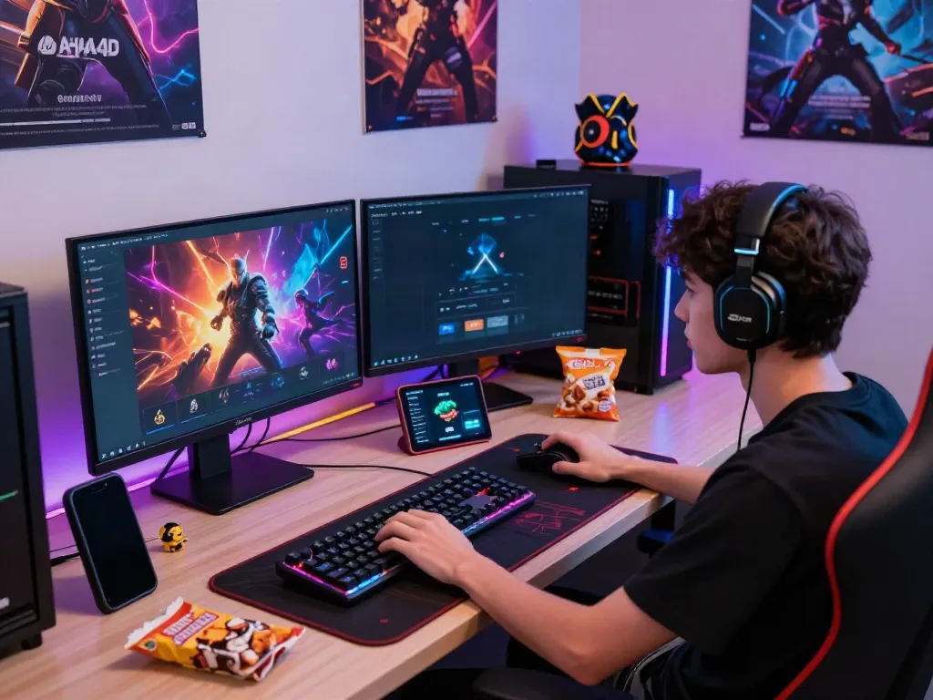 Engaged player exploring AHHA4D gaming platform with vibrant setup