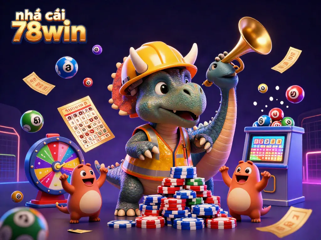 Exciting moment at nhà cái 78win featuring characters celebrating with lottery balls and casino elements in a vibrant scene.