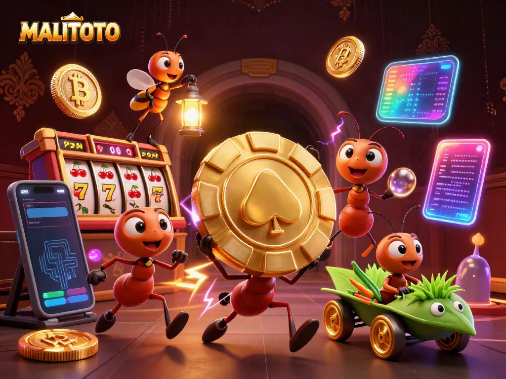 MALITOTO's playful illustration of a heist with cartoon ants and crypto coins depicting the excitement of casino gaming.