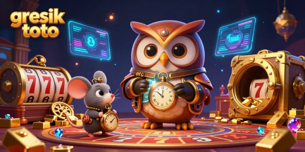 Join the adventure at gresik toto with a vibrant 3D illustration showcasing winning slot games and treasures.
