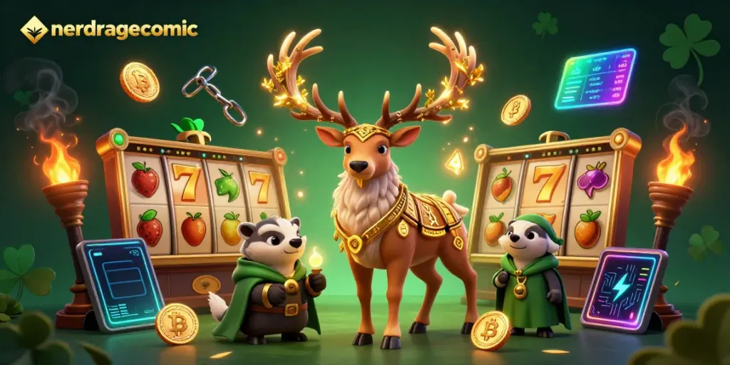 Gambarkan nerdragecomic dengan karakter stag dan badger dalam atmosfer kasino.