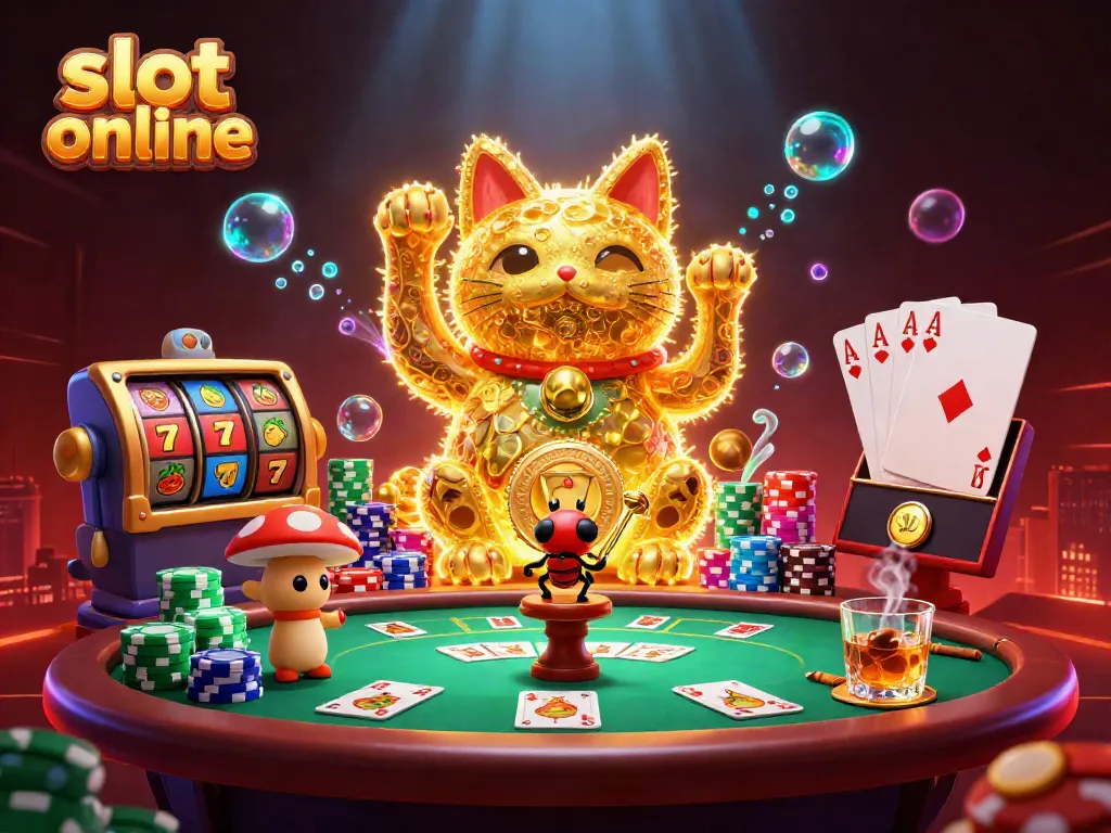 Experience the magic of slot online with a vibrant display of casino elements and a lucky cat symbol.