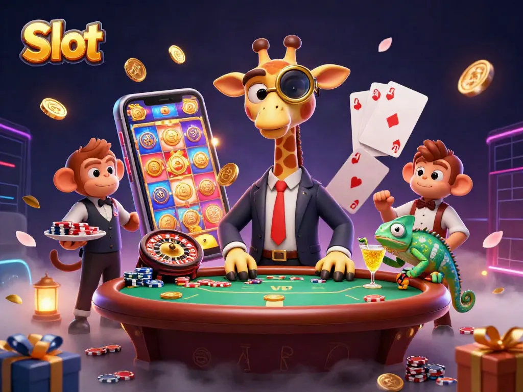 Putaran mesin Slot dengan karakter kartun menarik, koin emas dan simbol buah mengelilinginya.