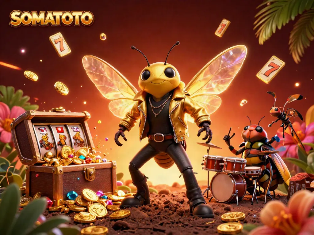 SOMATOTO showcases a dynamic scene with a rock star, drummer, and treasure surrounded by casino elements