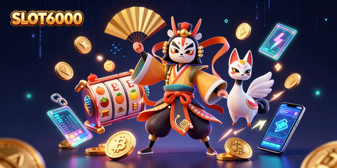 Engage with SLOT6000 through an exciting 3D illustration filled with slot symbols and vibrant crypto elements.